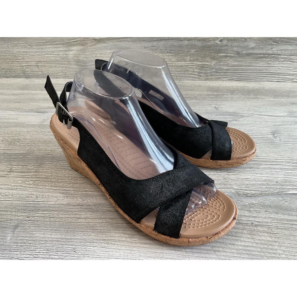 Crocs A-Leigh Womens Black Wedge Sandals Leather Cork Buckle 202042 Size 10